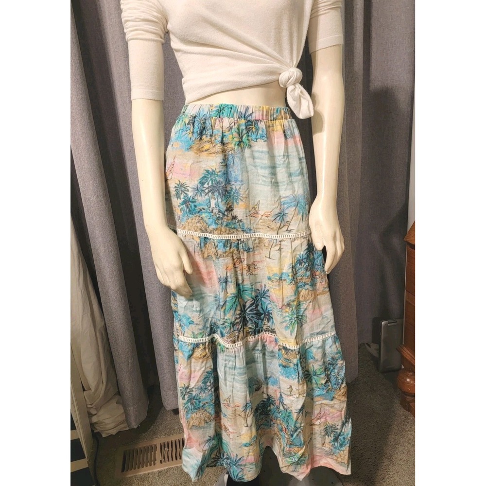 Tropical Island Boho Tiered Skirt C & C California‎ Linen Blend  Eyelet Lace M